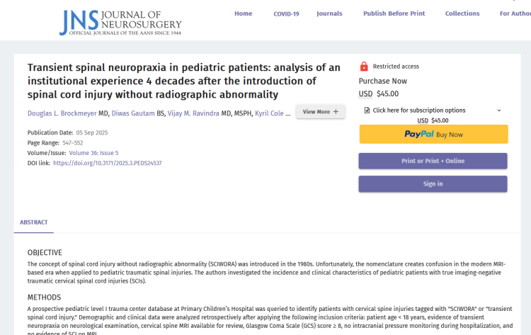 Transient Spinal Neuropraxia in Pediatric Patients: Analysis of an Institutional Experience 4 Decades After the Introduction of Spinal Cord Injury Without Radiographic Abnormality