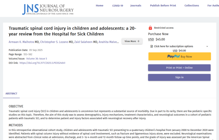 Traumatic Spinal Cord Injury in Children and Adolescents: A 20-Year Review From the Hospital for Sick Children