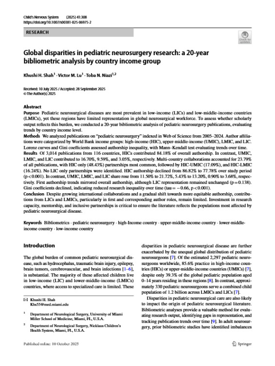 Global Disparities in Pediatric Neurosurgery Research: A 20-Year Bibliometric Analysis by Country Income Group