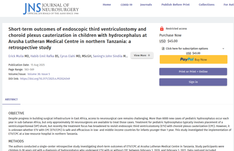 Short-Term Outcomes of Endoscopic Third Ventriculostomy and Choroid Plexus Cauterization in Children with Hydrocephalus at Arusha Lutheran Medical Centre in Northern Tanzania: A Retrospective Study