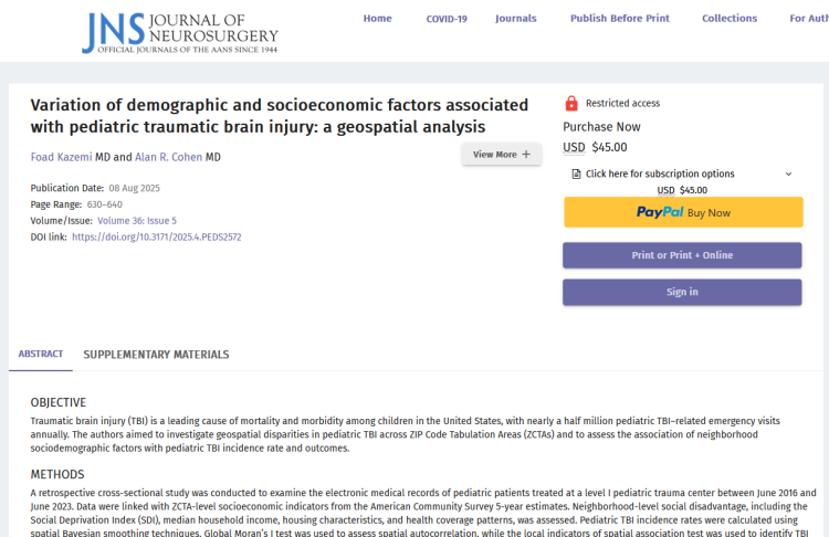 Variation of Demographic and Socioeconomic Factors Associated with Pediatric Traumatic Brain Injury: A Geospatial Analysis