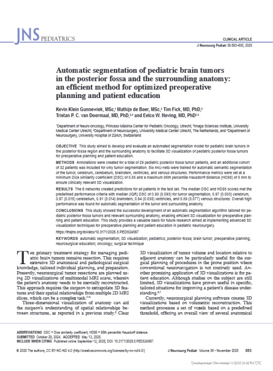 Automatic Segmentation of Pediatric Brain Tumors in the Posterior Fossa and the Surrounding Anatomy: An Efficient Method for Optimized Preoperative Planning and Patient Education