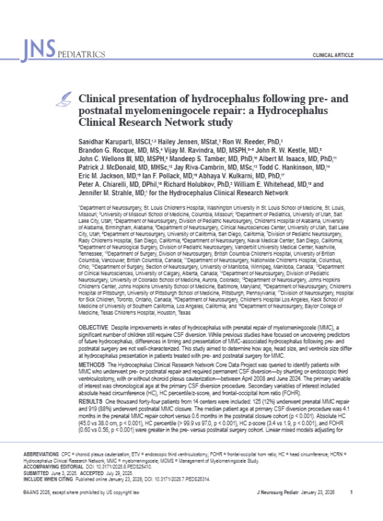 Clinical Presentation of Hydrocephalus Following Pre- and Postnatal Myelomeningocele Repair: A Hydrocephalus Clinical Research Network Study