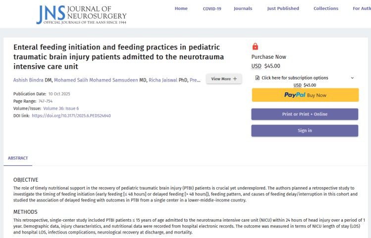 Enteral Feeding Initiation and Feeding Practices in Pediatric Traumatic Brain Injury Patients Admitted to the Neurotrauma Intensive Care Unit
