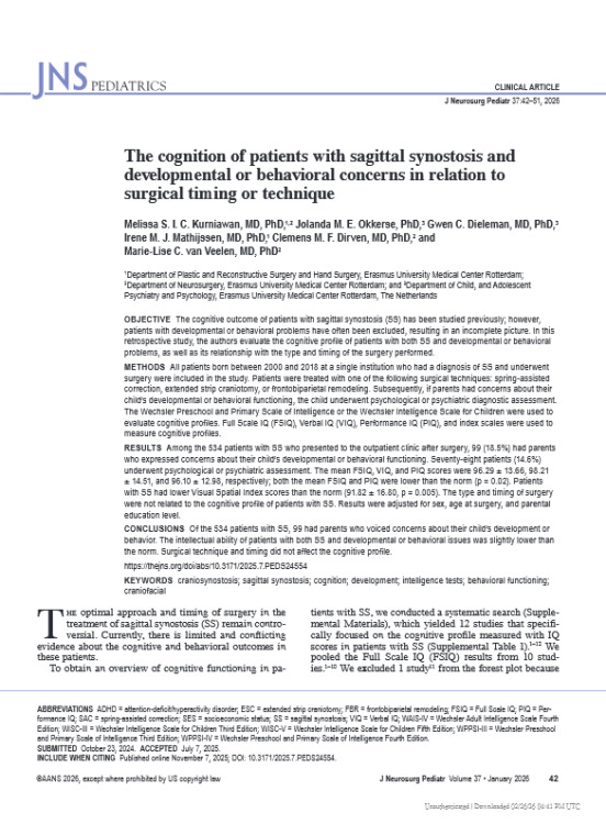 The Cognition of Patients with Sagittal Synostosis and Developmental or Behavioral Concerns in Relation to Surgical Timing or Technique