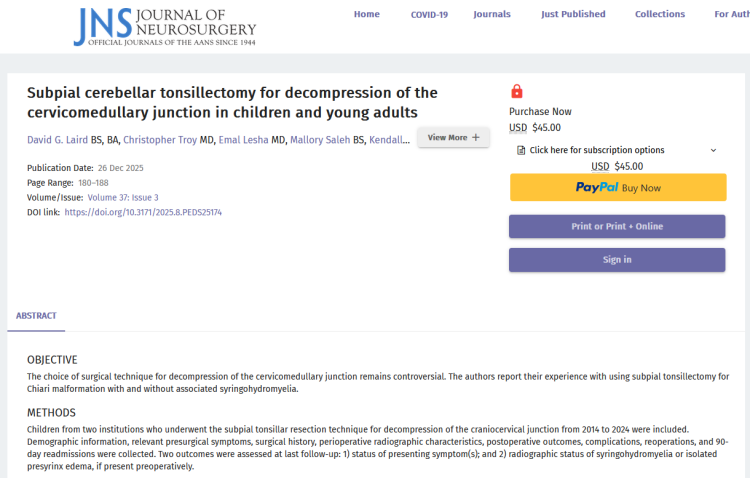 Subpial Cerebellar Tonsillectomy for Decompression of the Cervicomedullary Junction in Children and Young Adults