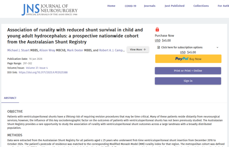 Association of Rurality with Reduced Shunt Survival in Child and Young Adult Hydrocephalus: A Prospective Nationwide Cohort from the Australasian Shunt Registry