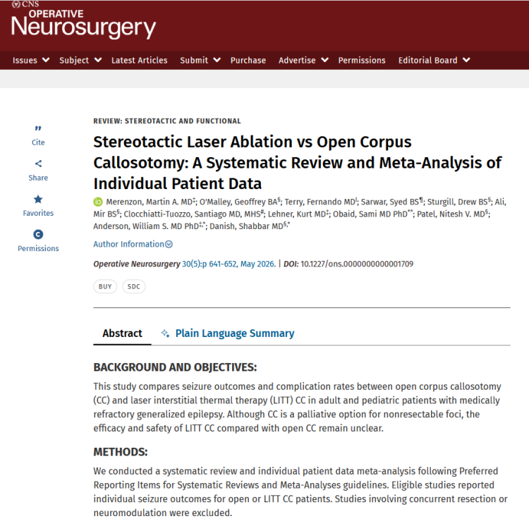 Stereotactic Laser Ablation vs Open Corpus Callosotomy: A Systematic Review and Meta-Analysis of Individual Patient Data