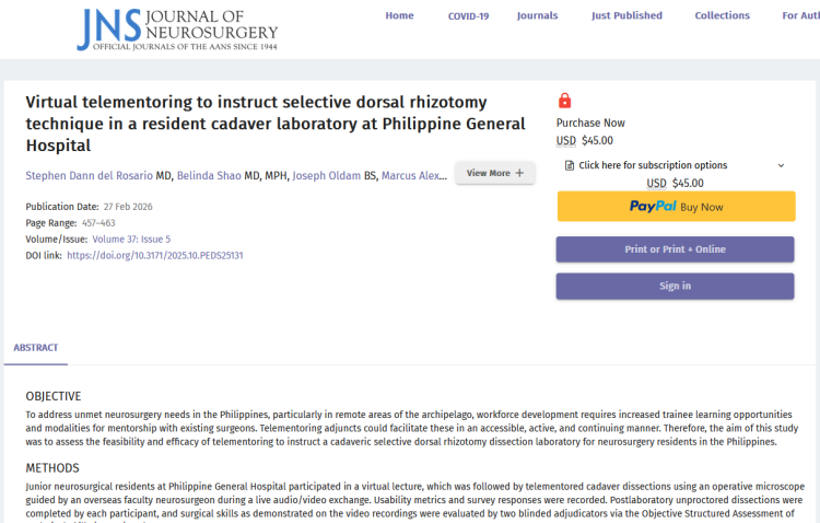 Virtual Telementoring to Instruct Selective Dorsal Rhizotomy Technique in a Resident Cadaver Laboratory at Philippine General Hospital