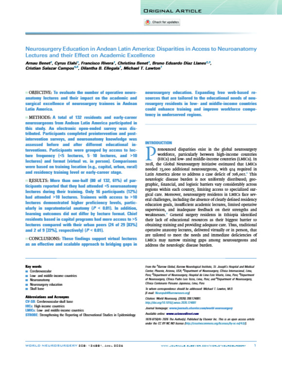 Neurosurgery Education in Andean Latin America: Disparities in Access to Neuroanatomy Lectures and Their Effect on Academic Excellence