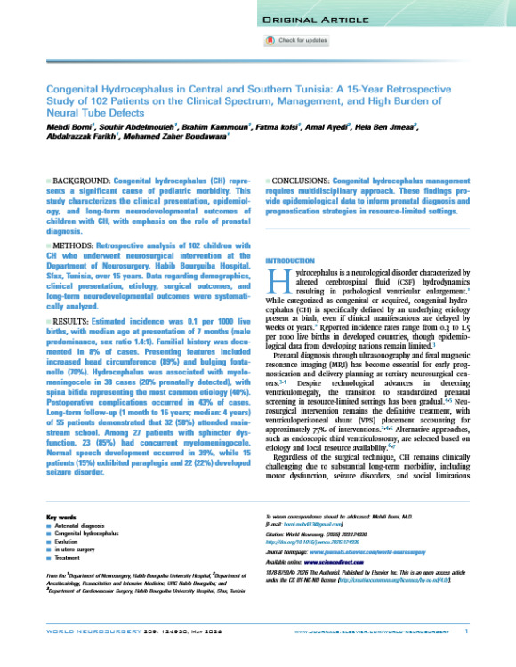 Congenital Hydrocephalus in Central and Southern Tunisia: A 15-Year Retrospective Study of 102 Patients on the Clinical Spectrum, Management, and High Burden of Neural Tube Defects