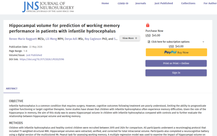 Hippocampal Vvolume for Prediction of Working Memory Performance in Patients with Infantile Hydrocephalus