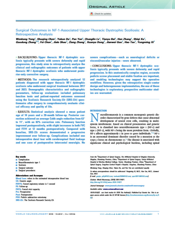 Surgical Outcomes in NF-1-Associated Upper Thoracic Dystrophic Scoliosis: A Retrospective Analysis