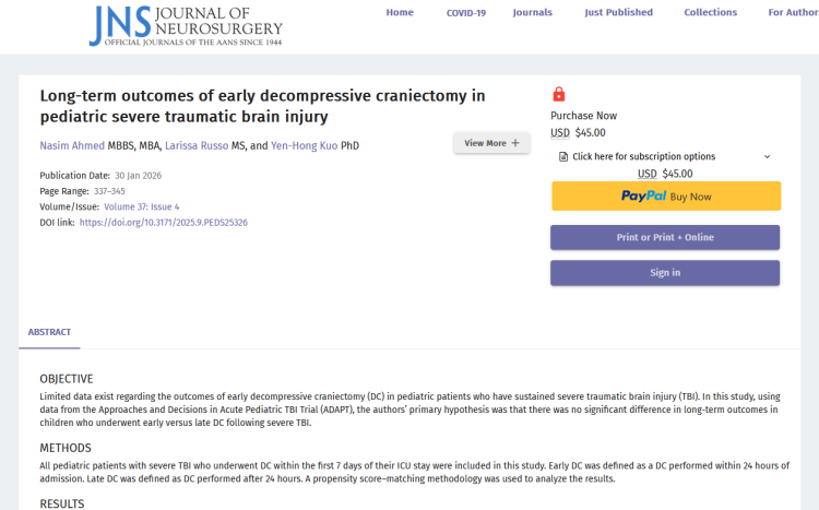 Long-Term Outcomes of Early Decompressive Craniectomy in Pediatric Severe Traumatic Brain Injury