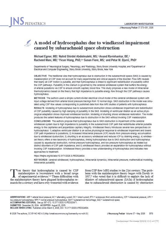 A Model of Hydrocephalus Due to Windkessel Impairment Caused by Subarachnoid Space Obstruction