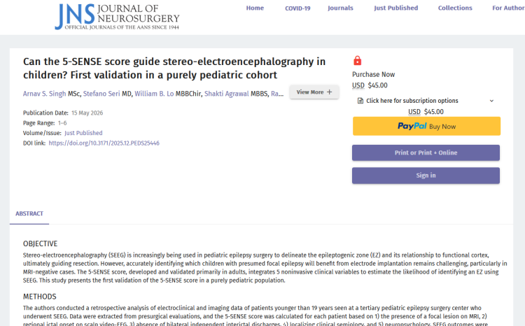 Can the 5-SENSE Score Guide Stereo-Electroencephalography in Children? First Validation in a Purely Pediatric Cohort