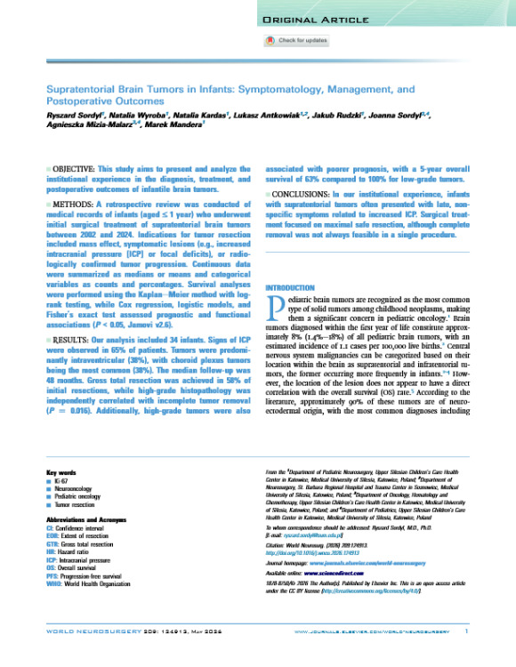 Supratentorial Brain Tumors in Infants: Symptomatology, Management, and Postoperative Outcomes