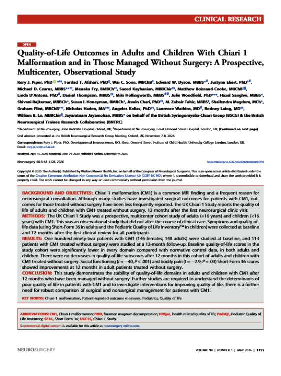 Quality-of-Life Outcomes in Adults and Children With Chiari 1 Malformation and in Those Managed Without Surgery: A Prospective, Multicenter, Observational Study