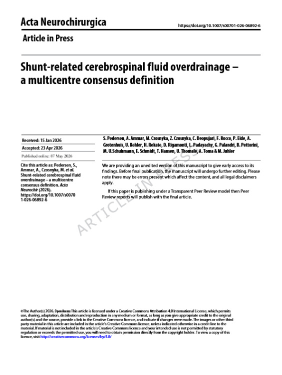 Shunt-Related Cerebrospinal Fluid Overdrainage – A Multicentre Consensus Definition