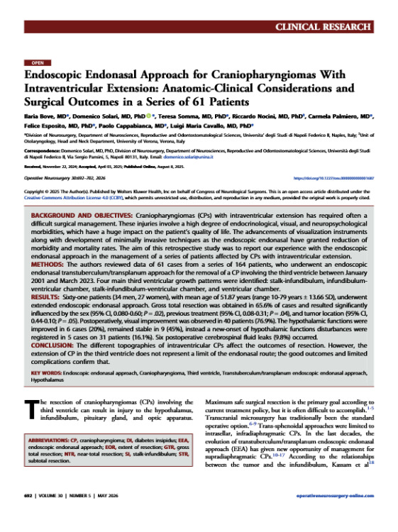 Endoscopic Endonasal Approach for Craniopharyngiomas With Intraventricular Extension: Anatomic-Clinical Considerations and Surgical Outcomes in a Series of 61 Patients