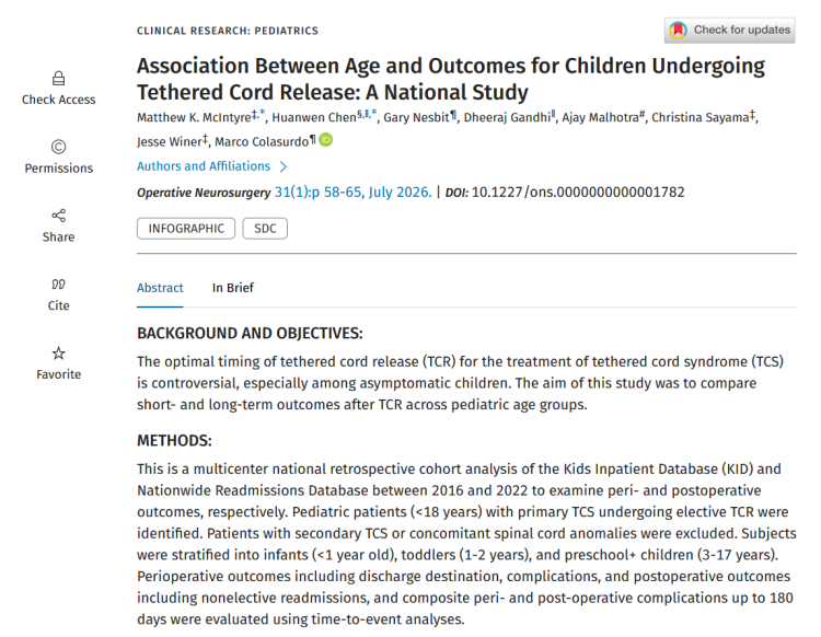 Association Between Age and Outcomes for Children Undergoing Tethered Cord Release: A National Study