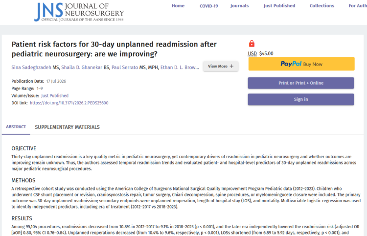 Patient Risk Factors for 30-Day Unplanned Readmission After Pediatric Neurosurgery: Are We Improving?