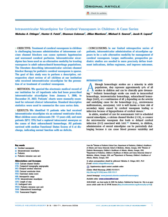 Intraventricular Nicardipine for Cerebral Vasospasm in Children: A Case Series
