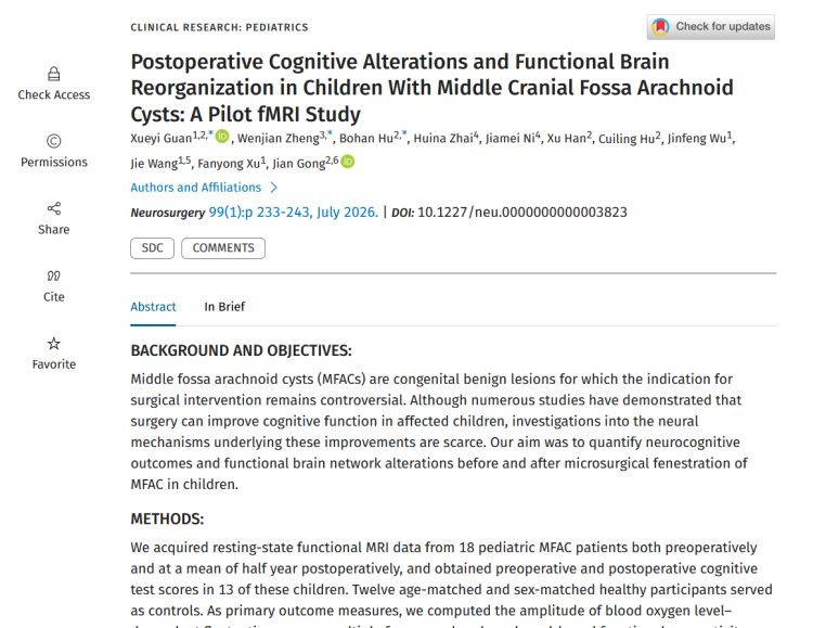 Postoperative Cognitive Alterations and Functional Brain Reorganization in Children With Middle Cranial Fossa Arachnoid Cysts: A Pilot FMRI Study