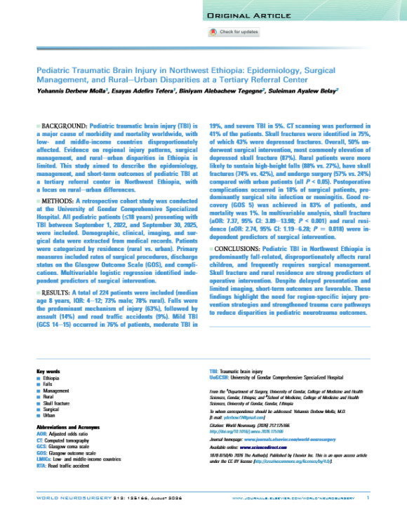 Pediatric Traumatic Brain Injury in Northwest Ethiopia: Epidemiology, Surgical Management, and Rural-Urban Disparities at a Tertiary Referral Center