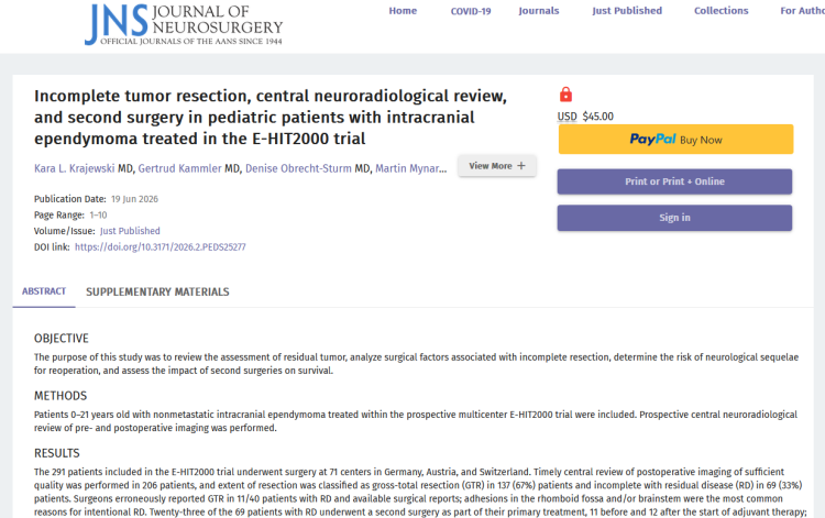 Incomplete Tumor Resection, Central Neuroradiological Review, and Second Surgery in Pediatric Patients with Intracranial Ependymoma Treated in the E-HIT2000 Trial