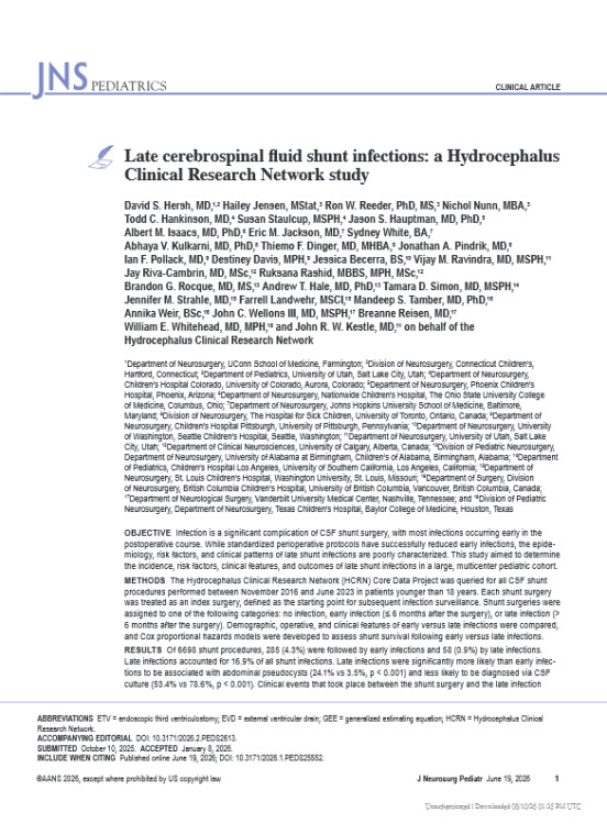 Late Cerebrospinal Fluid Shunt Infections: A Hydrocephalus Clinical Research Network Study