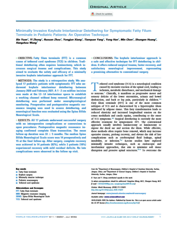 Minimally Invasive Keyhole Interlaminar Detethering for Symptomatic Fatty Filum Terminale in Pediatric Patients: An Operative Technique