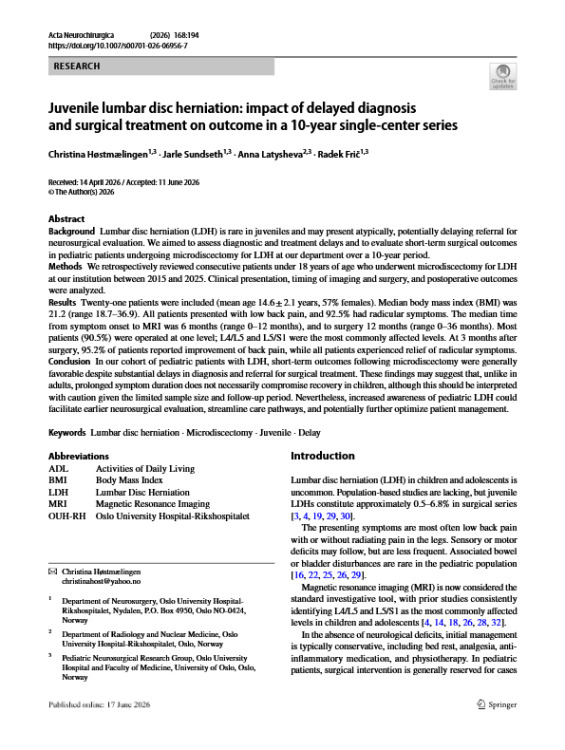 Juvenile Lumbar Disc Herniation: Impact of Delayed Diagnosis and Surgical Treatment on Outcome in a 10-Year Single-Center Series
