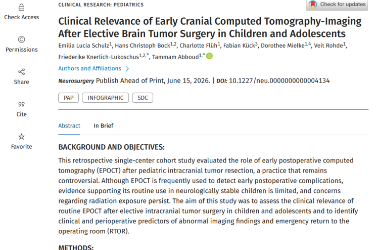 Clinical Relevance of Early Cranial Computed Tomography-Imaging After Elective Brain Tumor Surgery in Children and Adolescents