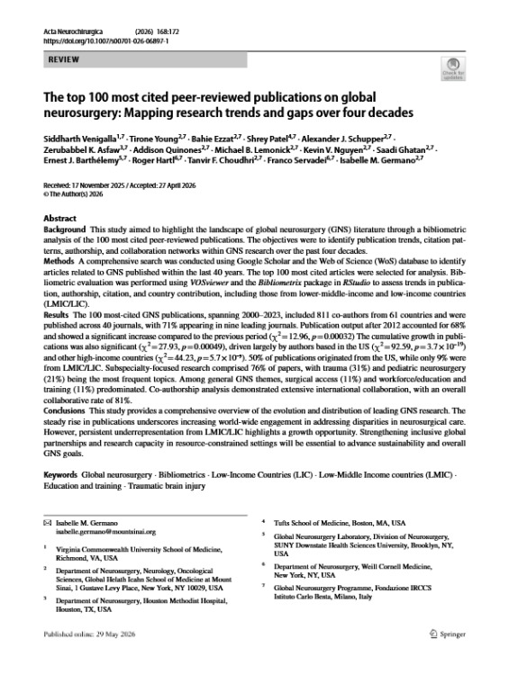 The Top 100 Most Cited Peer-Reviewed Publications on Global Neurosurgery: Mapping Research Trends and Gaps Over Four Decades