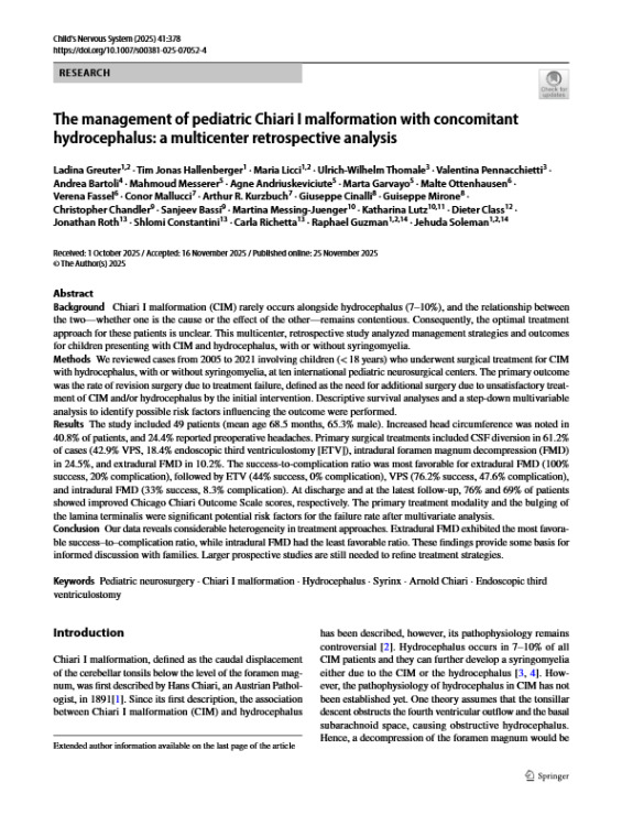 The Management of Pediatric Chiari I Malformation With Concomitant Hydrocephalus: A Multicenter Retrospective Analysis